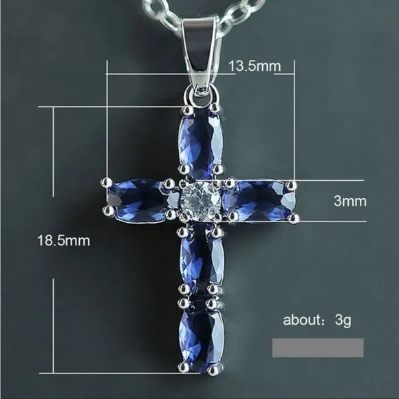 New Oval Royal Blue Sapphire Cross Necklace - Picture 4 of 4